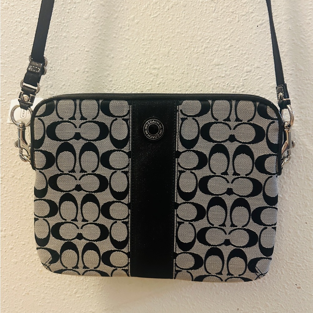 Coach Black and Gray Signature Tablet Crossbody Bag